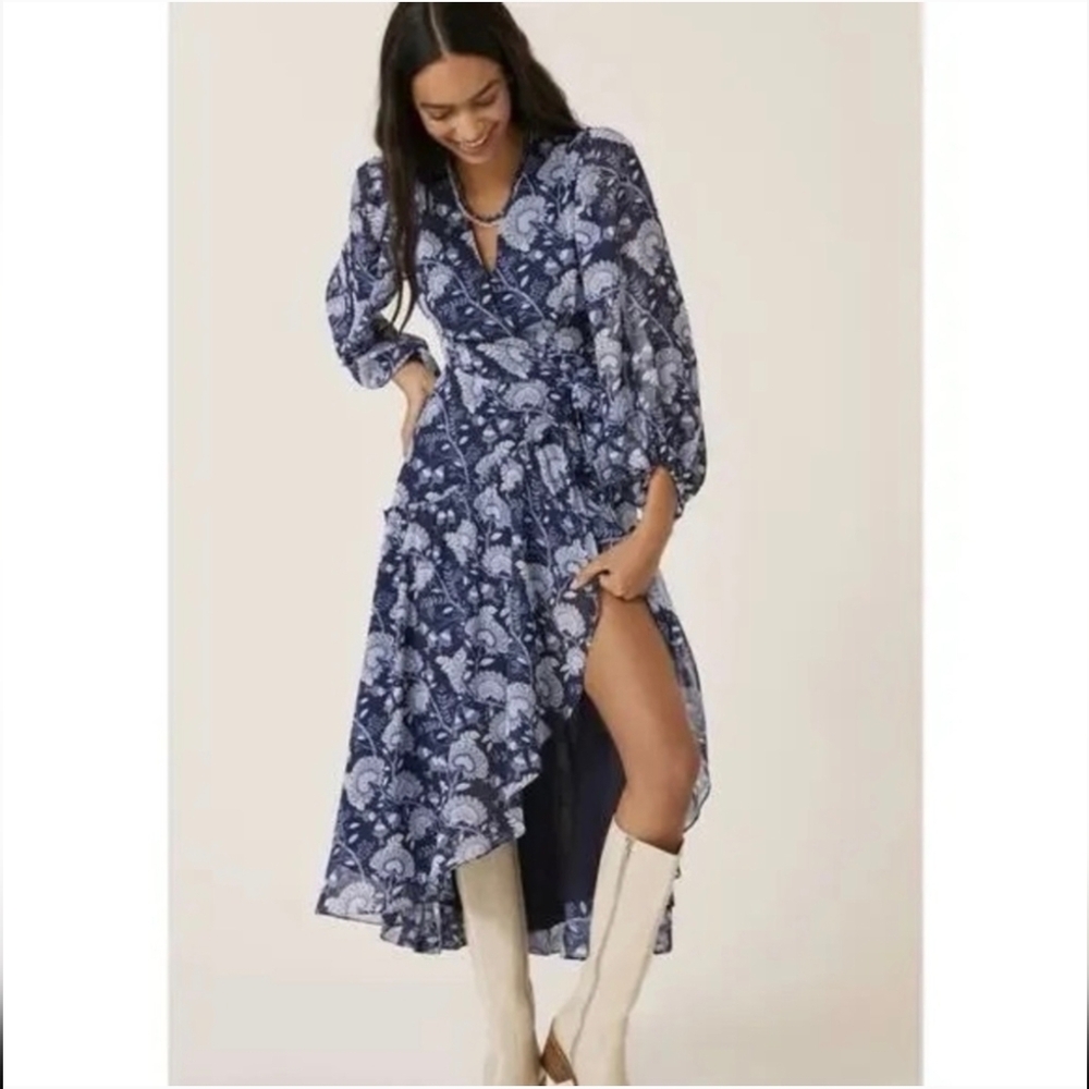 Hutch Navy and White Floral Midi Wrap Dress